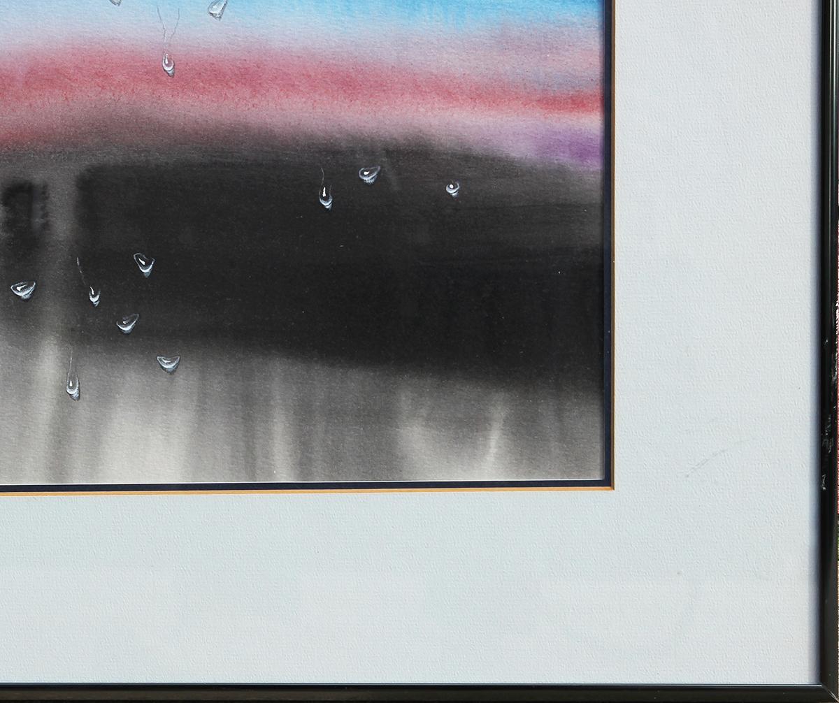 Blue, Red, and Gray Watercolor Surrealist Abstract with Realistic Water Droplets For Sale 1