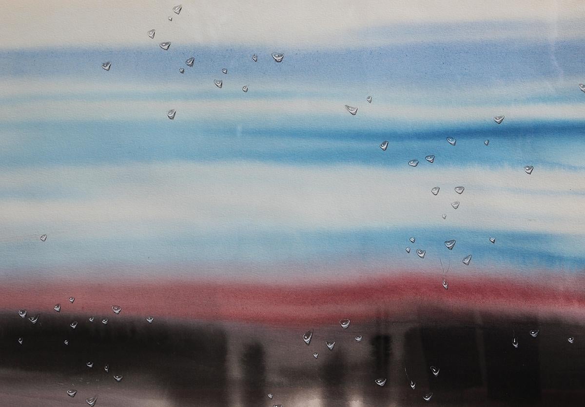 Blue, Red, and Gray Watercolor Surrealist Abstract with Realistic Water Droplets For Sale 2