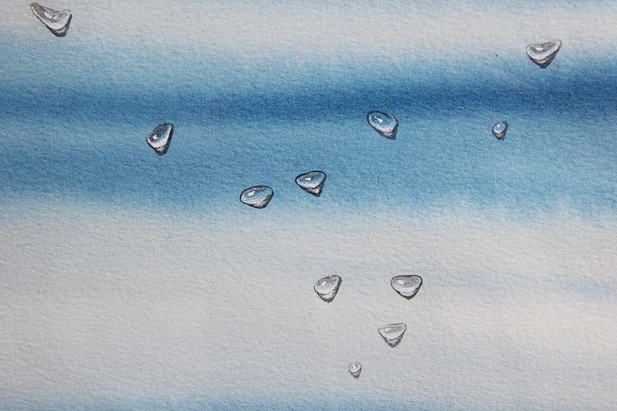 Blue, Red, and Gray Watercolor Surrealist Abstract with Realistic Water Droplets For Sale 3
