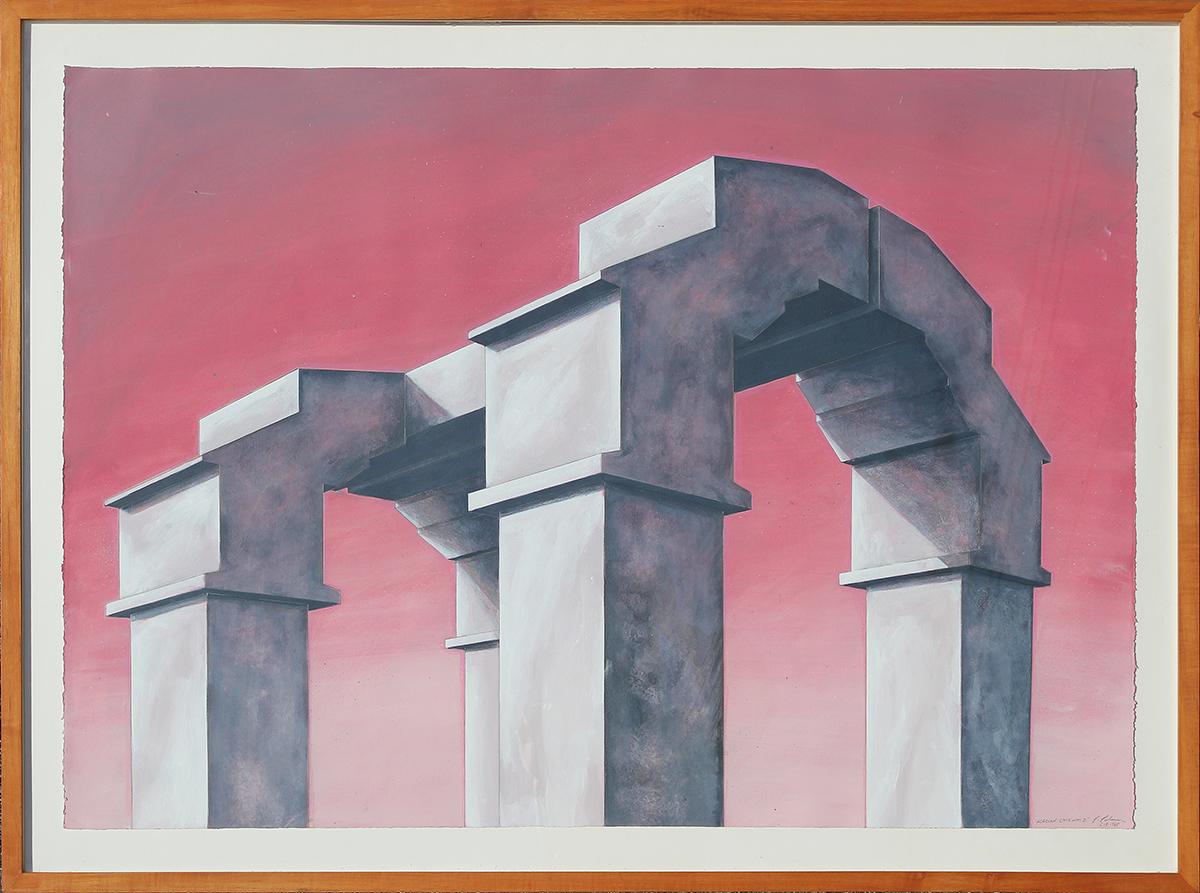 Patrick Palmer Abstract Drawing - “Acadian Gateway I” Red Toned Abstract Surrealist Architectural Archway Drawing