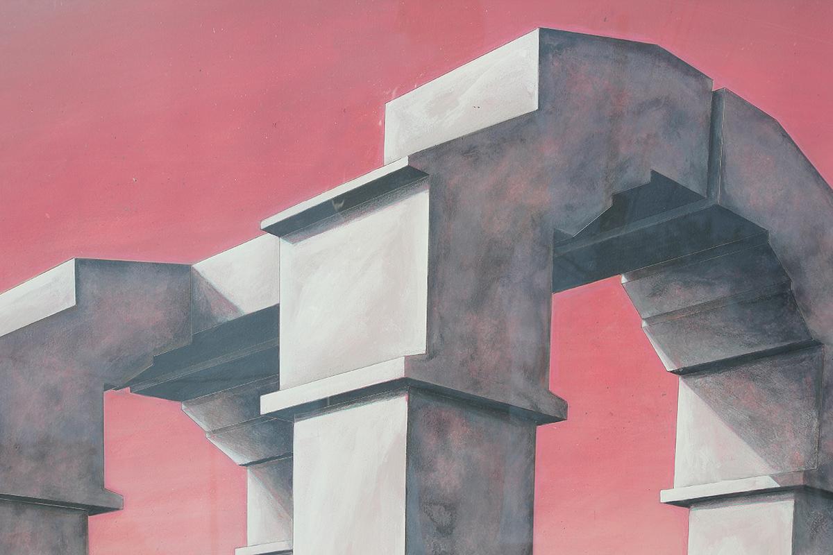 Surrealist architectural landscape drawing by Houston, Texas artist Patrick Palmer. The work features a prominent, brutalist archway set against a blended red sky. Currently hung in a natural light wood frame. 

Dimensions Without Frame: H 29.5 in.