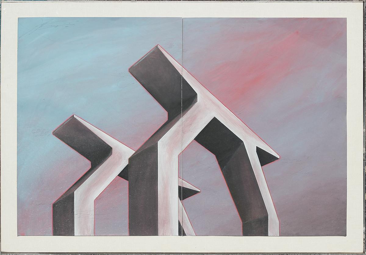 Patrick Palmer Abstract Drawing - “Freedom Towers” Blue Toned Abstract Surrealist Architectural Archway Drawing