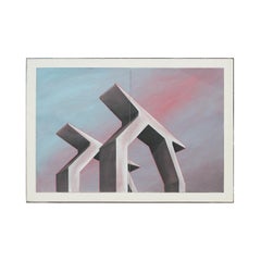 “Freedom Towers” Blue Toned Abstract Surrealist Architectural Archway Drawing
