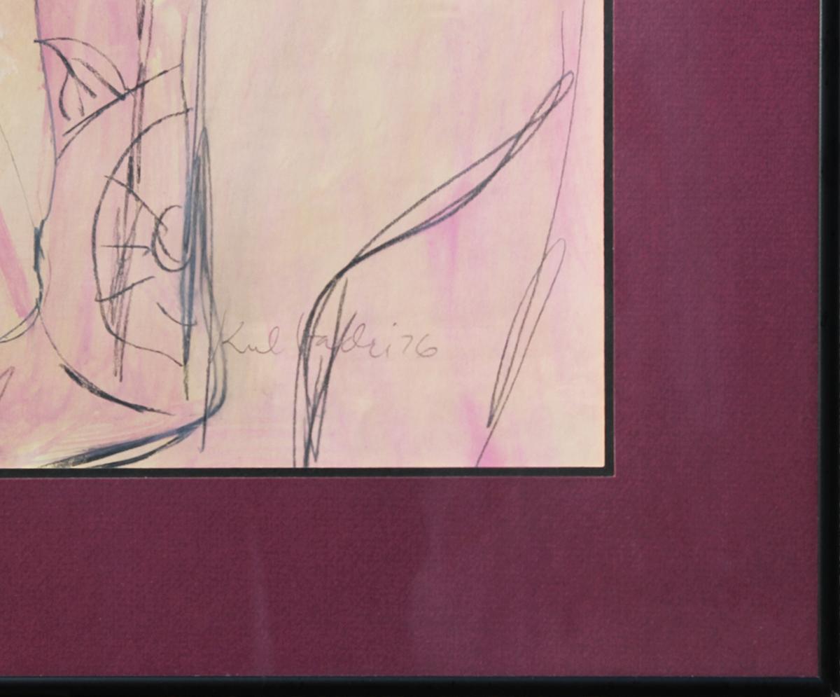 Pink and peach abstract figurative drawing of a lady in a kimono or robe. Signed by the artist at the bottom left. Framed in a black frame with pink matting. 

Dimensions Without Frame: H 28.13 in. x W 22 in.