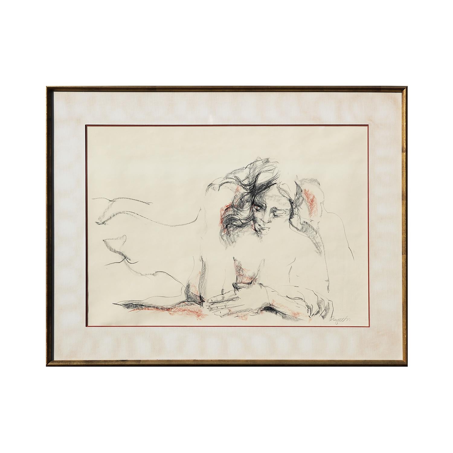 Abstrakte, figurative Zeichnung einer liegenden Frau in Dunkelgrau – Art von Unknown