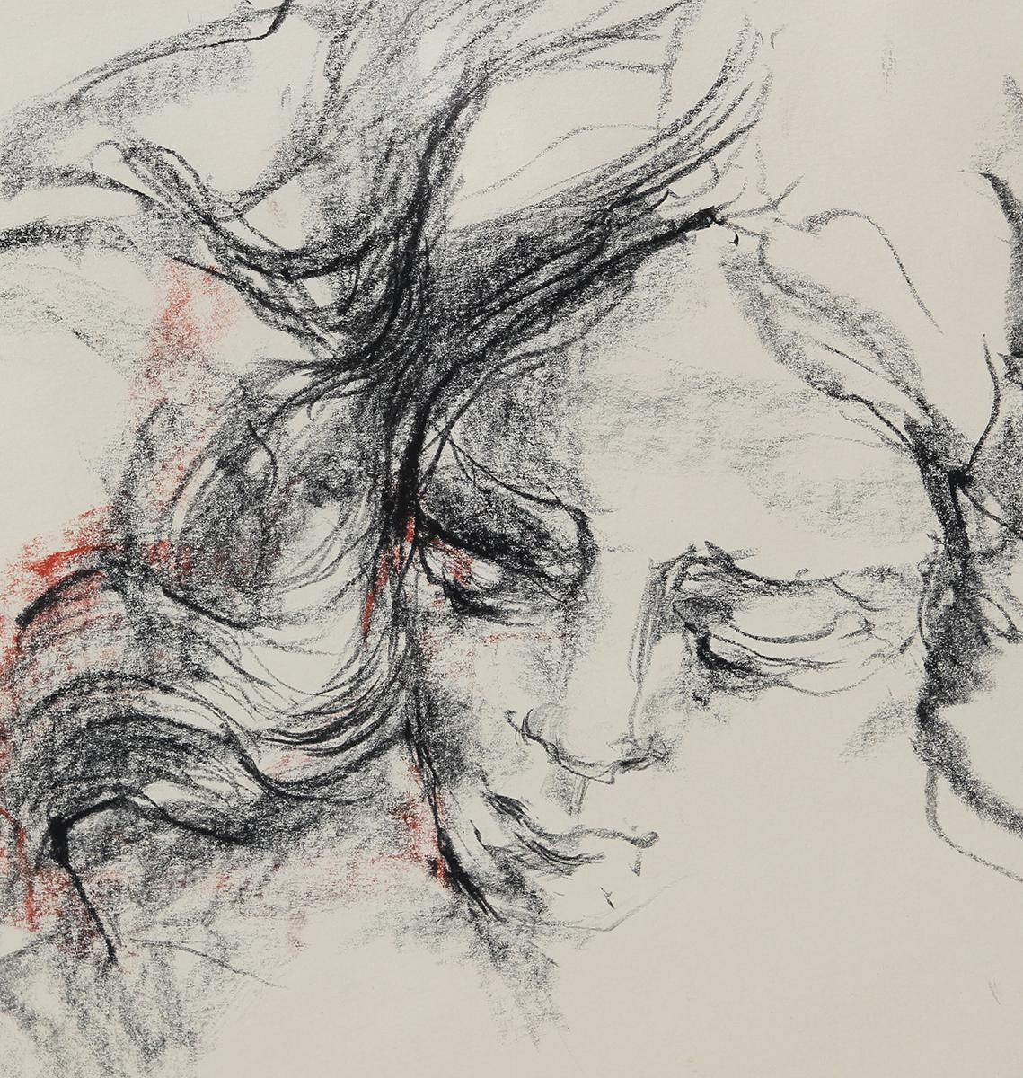 Grayscale abstract charcoal drawing of a lounging female figure. The work features loose, expressive linework with light red accents. Signed in pencil in front lower right corner. Currently hung in a gold frame with complementary linen and burgundy