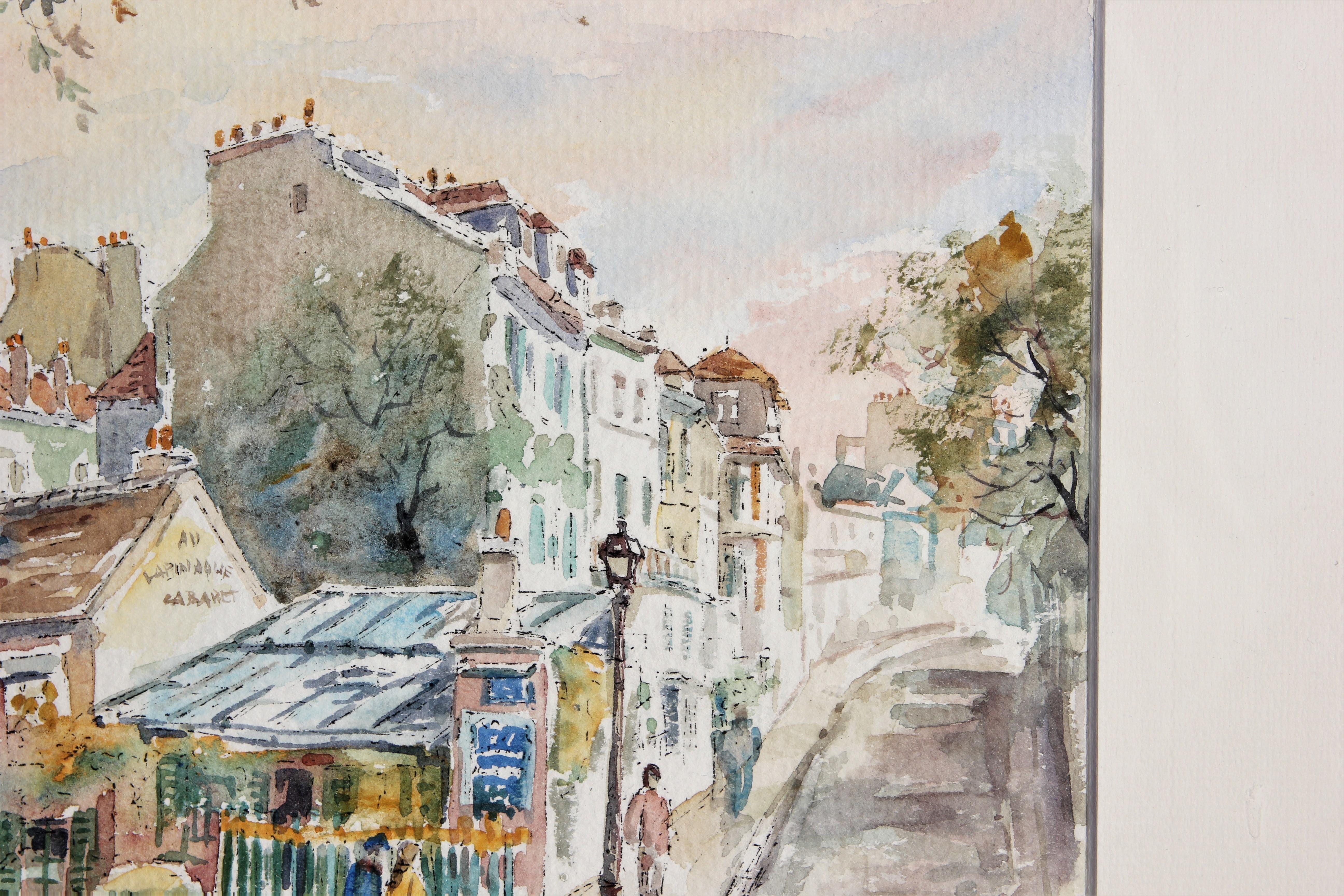 Colorful pastel toned watercolor landscape depicting the historic Au Lapin Agile Cabaret in Montmartre, Paris. Located in the Montmartre area of Paris the Lapin Agile cabaret has been in existence for almost 150 years and this little pastel coloured