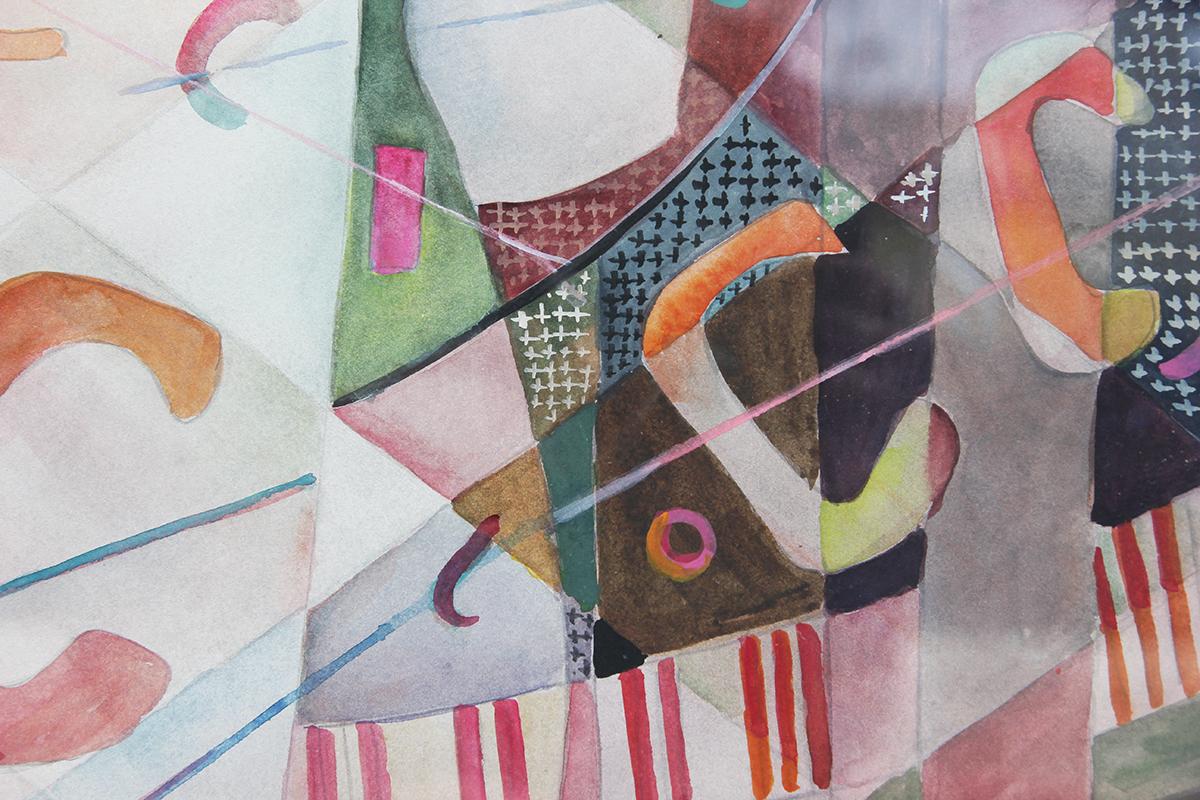 Pink toned abstract geometric watercolor painting by Texas artist Shirley Sterling. The painting features various geometric patterns in different colors, shapes, and sizes, revealing silhouettes of six vases. Signed by the artist in the bottom left.