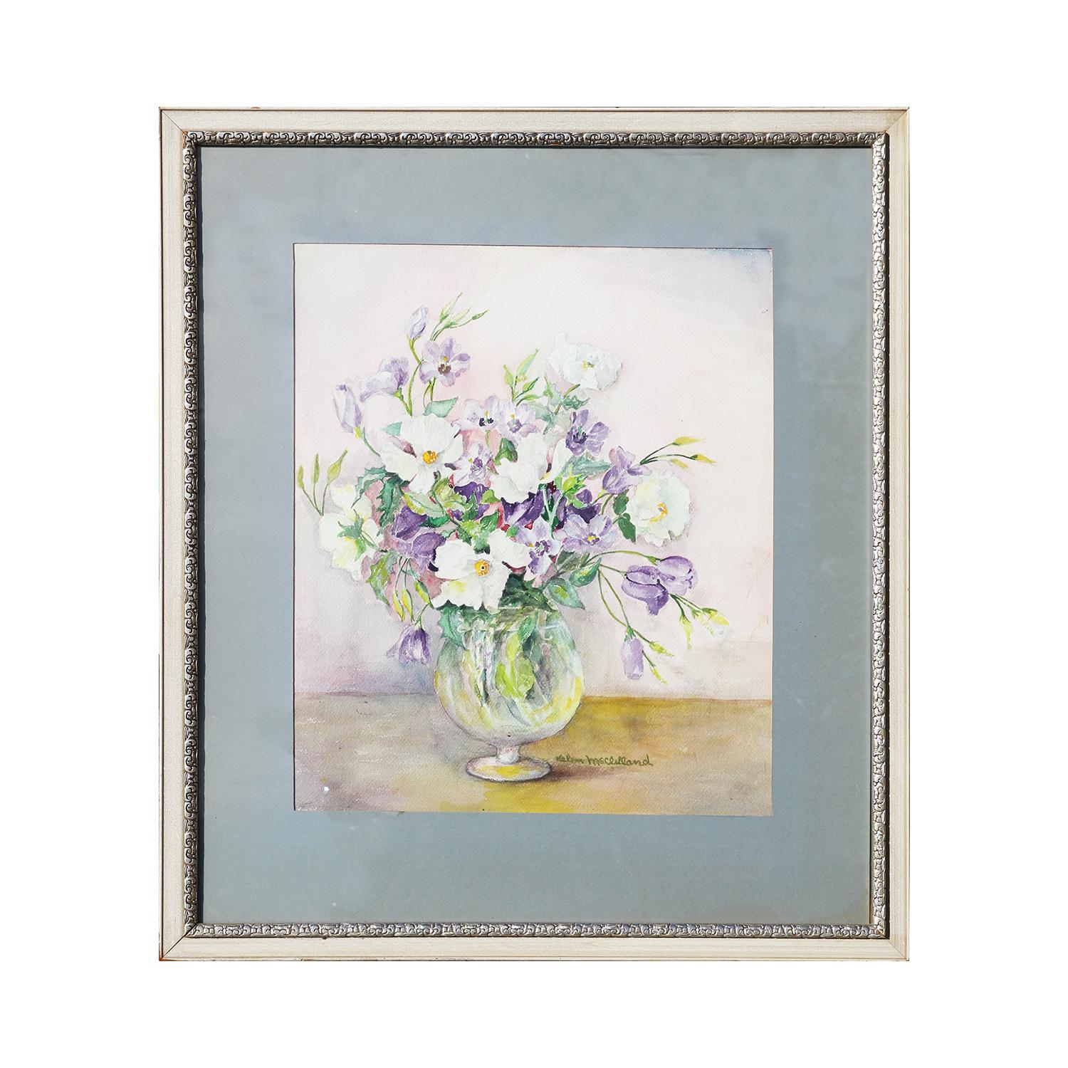 Small White and Purple Modernist Floral Still Life Irises Watercolor Painting  - Art by Helen McClelland
