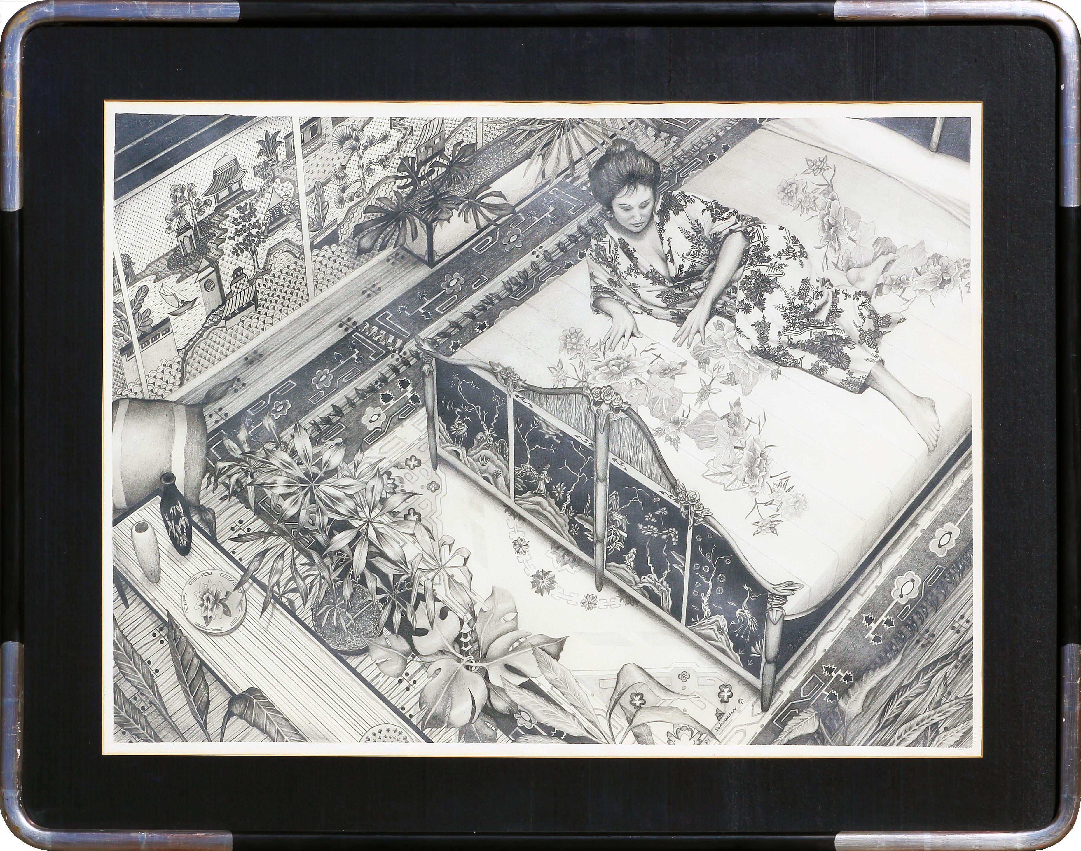 Portrait Douglas Schneider - « Jeune femme dans un kimono #2 », dessin au crayon d'une scène d'intérieur naturaliste