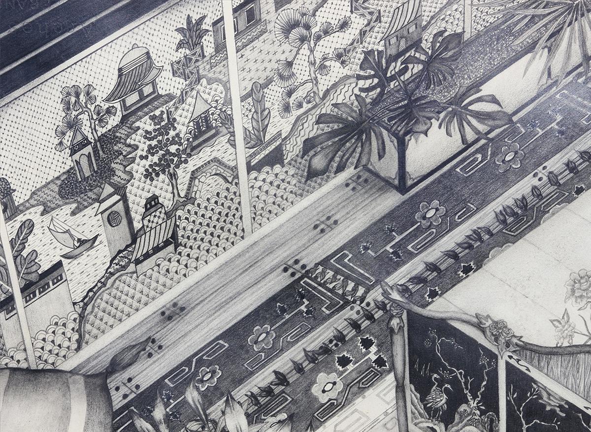 Scène d'intérieur naturaliste en noir et blanc dessinée au crayon par l'artiste Douglas Schneider. L'œuvre représente une jeune femme allongée sur un couvre-lit complexe dans une pièce très décorée. Signé et daté par l'artiste dans le coin inférieur