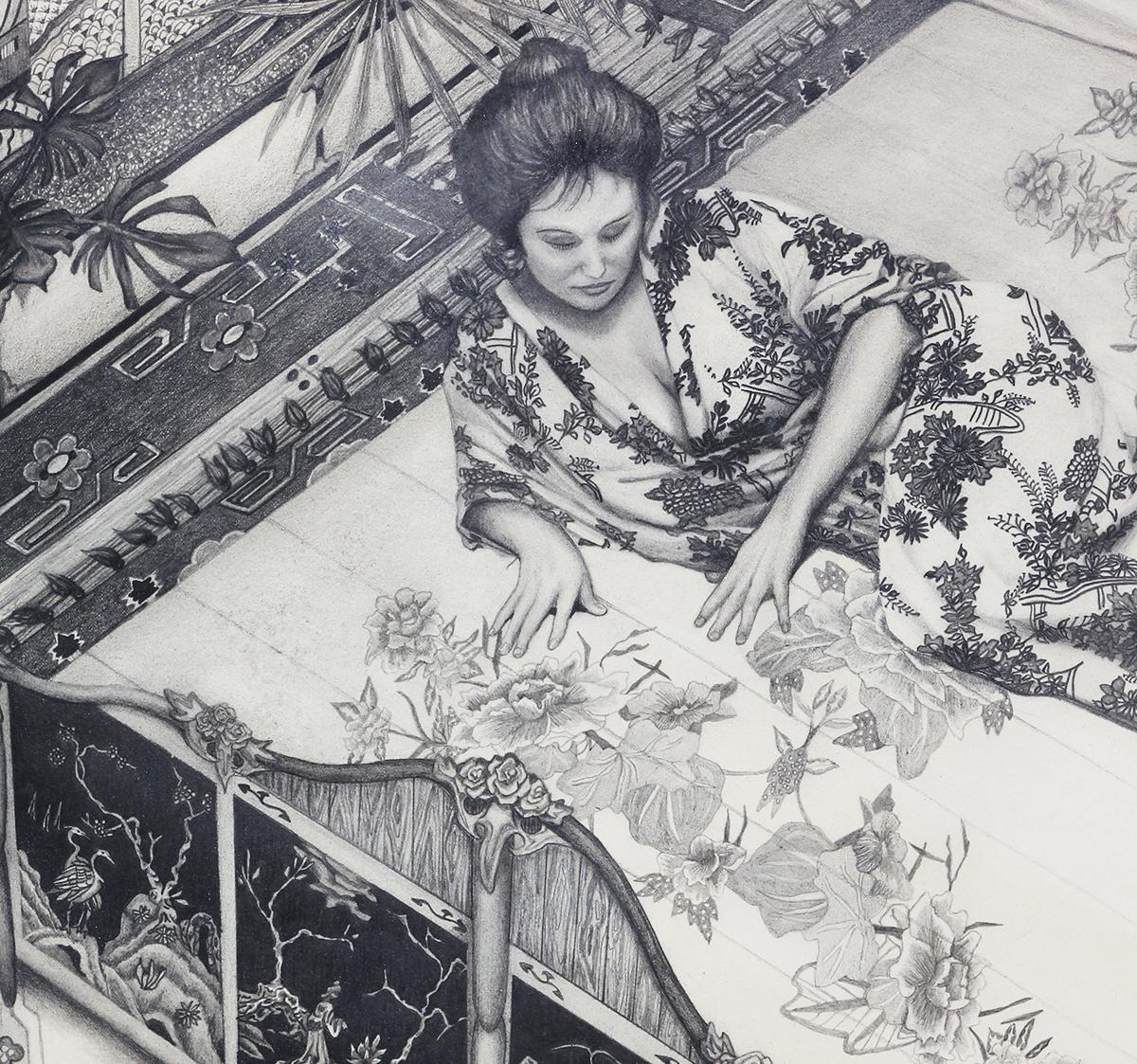 Black and white naturalistic interior scene pencil drawing by artist Douglas Schneider. The work features a young woman laying on an intricate bedspread in a highly decorated room. Signed and dated by artist in front lower right corner. Currently