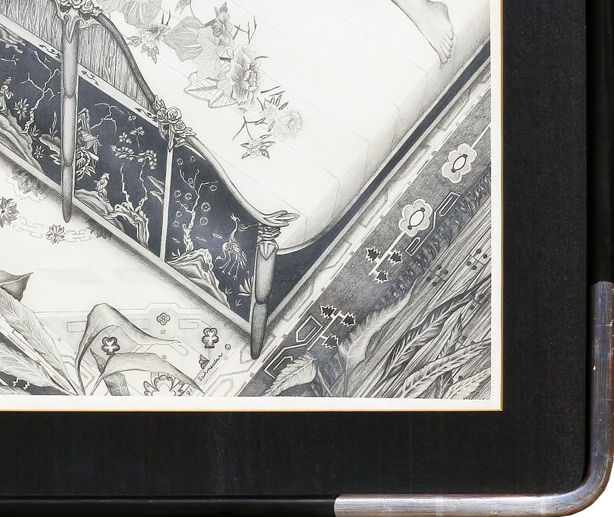 « Jeune femme dans un kimono #2 », dessin au crayon d'une scène d'intérieur naturaliste en vente 6