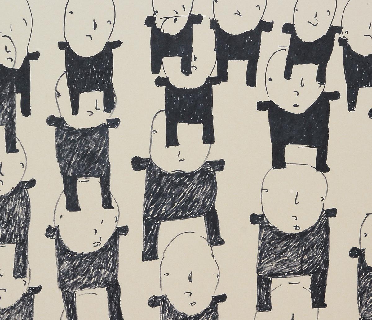 Sin título Dibujo abstracto contemporáneo a tinta de un grupo de figuras en blanco y negro - Figurative Art Gris de Donald Mitchell