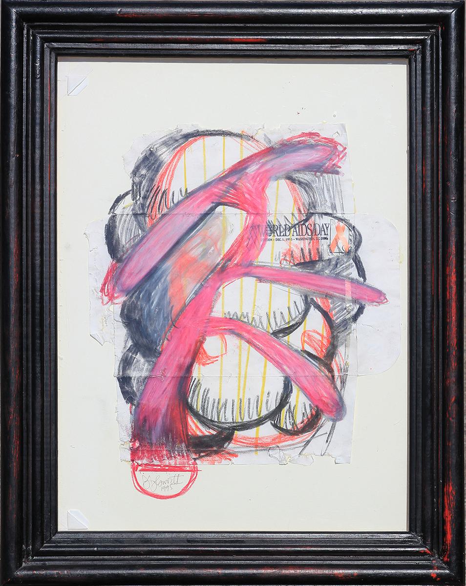 Contemporary Pink, Red, Yellow, & Black Abstract Gestural Drawing on an Envelope