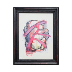 Zeitgenössische abstrakte, gestische Zeichnung auf einem Umschlag in Rosa, Rot, Gelb und Schwarz