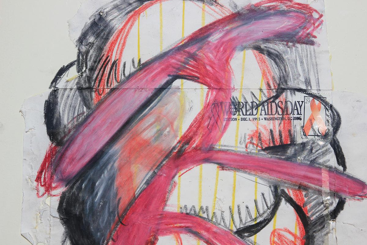 Contemporary pink, red, yellow and black gestural mixed media abstract by Houston, TX artist David Aylsworth. The work incorporates an envelope celebrating World Aids Day from 1993 as the base of the drawing. Signed and dated in front lower left