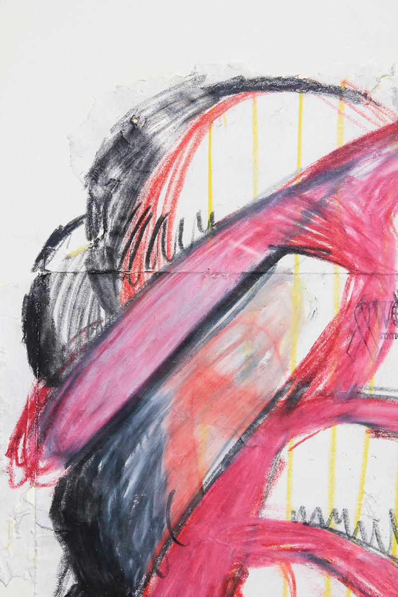 Disegno gestuale astratto contemporaneo rosa, rosso, giallo e nero su busta in vendita 1