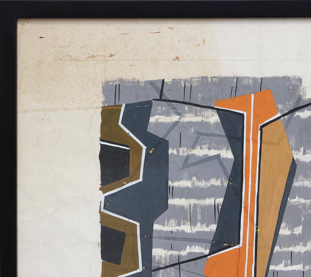 Modern orange, brown, gray, and black geometric abstract composition by textile designer John Little. The work was created as a proposed design for a wallpaper. Titled in pencil along front lower margin. Currently hung in a solid black frame with a