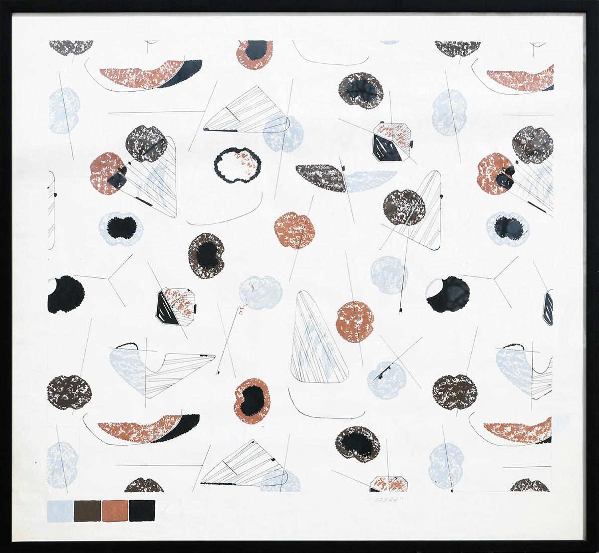 John Little Abstract Drawing – Modernes modernes hellblaues, braunes und schwarzes geometrisches Gemälde mit abstraktem Kreismuster