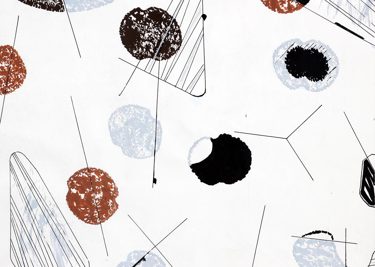 Modernes modernes hellblaues, braunes und schwarzes geometrisches Gemälde mit abstraktem Kreismuster (Schwarz), Abstract Drawing, von John Little