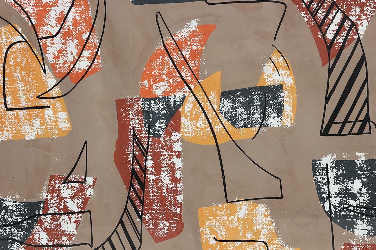 Moderne Orange, Brown, Gelb und Schwarz Geometrische abstrakte Muster Malerei (Beige), Abstract Drawing, von John Little