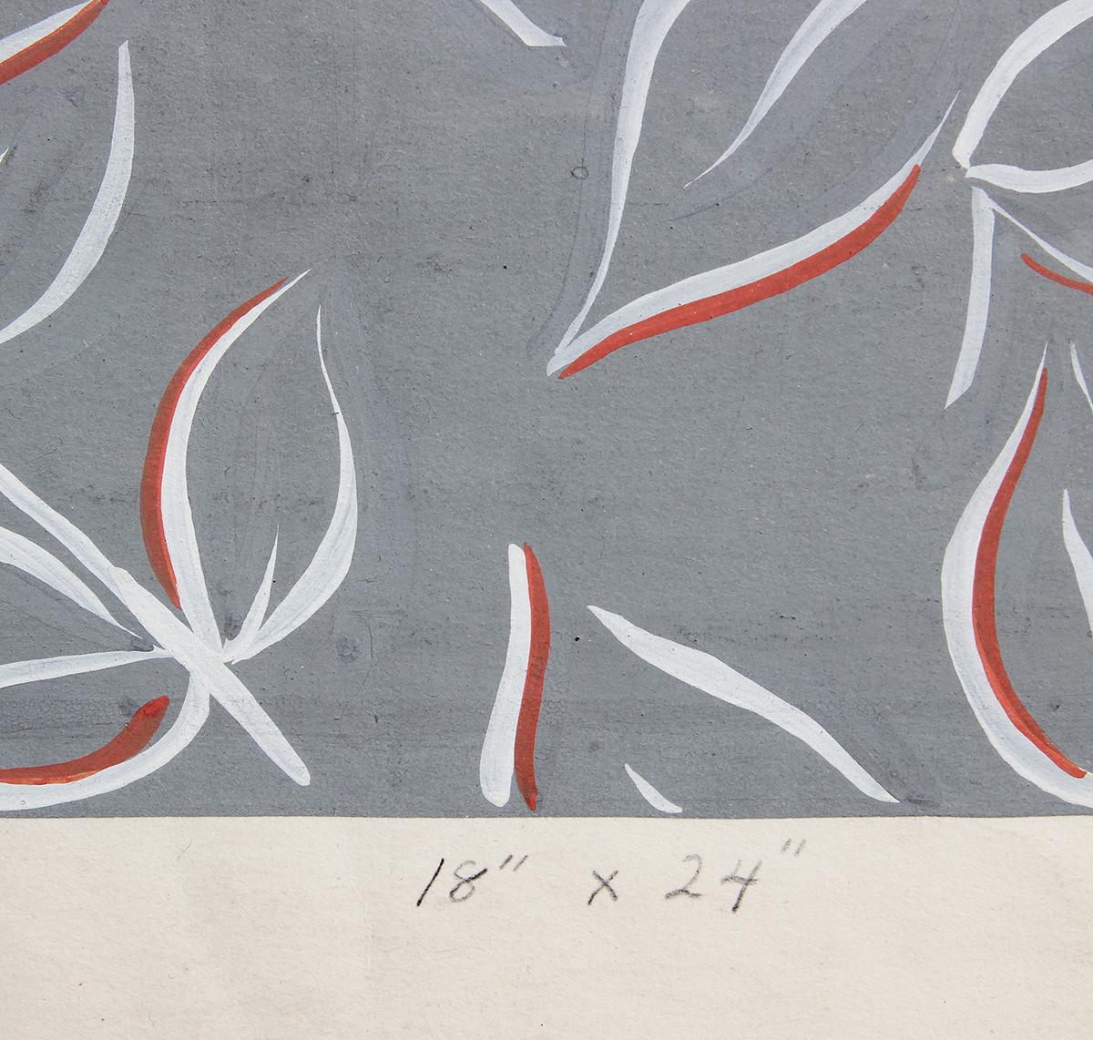 Composition moderne de motifs géométriques abstraits de feuilles, en gris et blanc, avec des accents d'orange, par le designer textile John Little. L'œuvre a été créée en tant que proposition de design pour un papier peint et présente les codes de