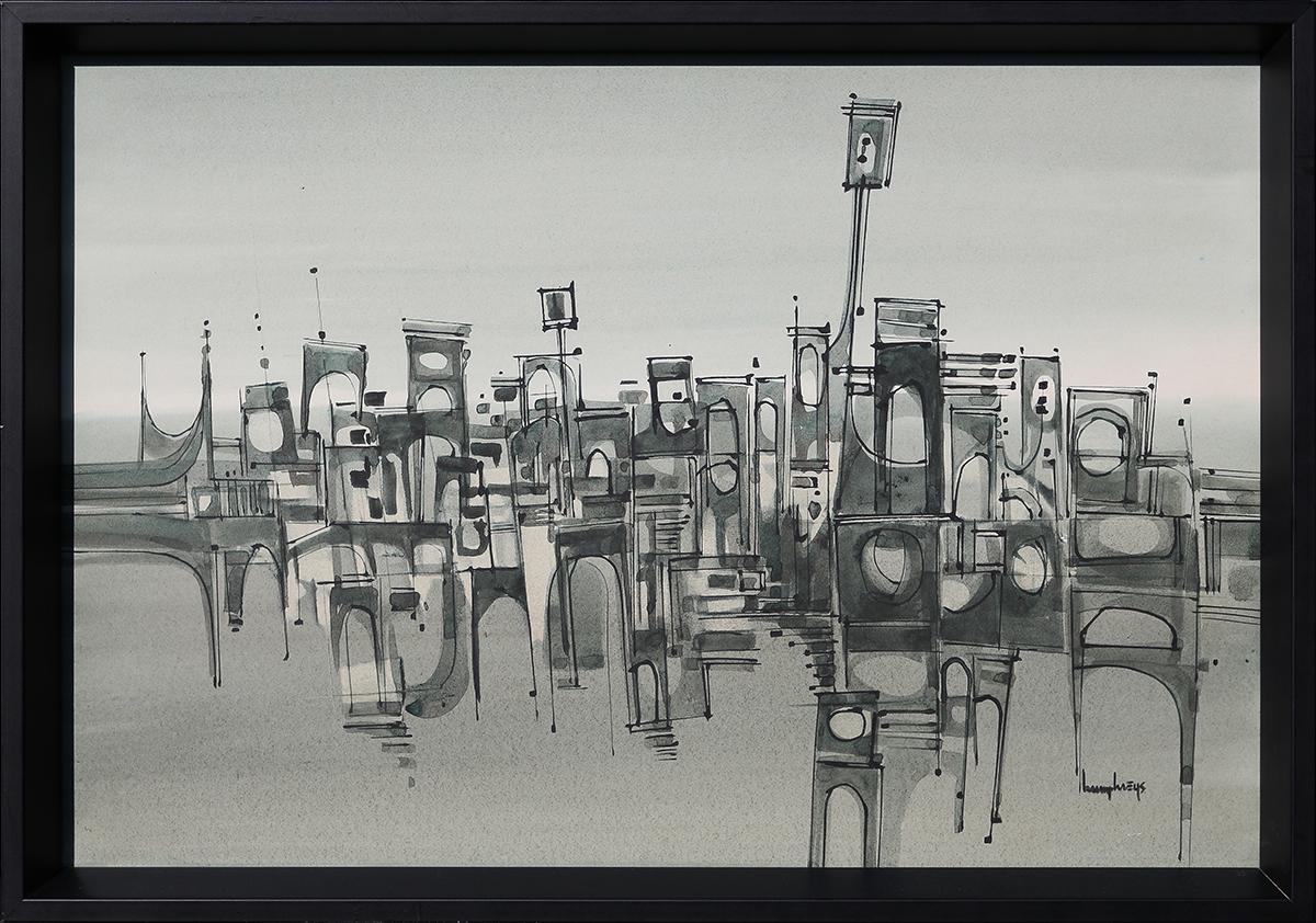 Humphreys Abstract Drawing - Modern Black, White, and Gray Monochromatic Abstract Geometric Cityscape