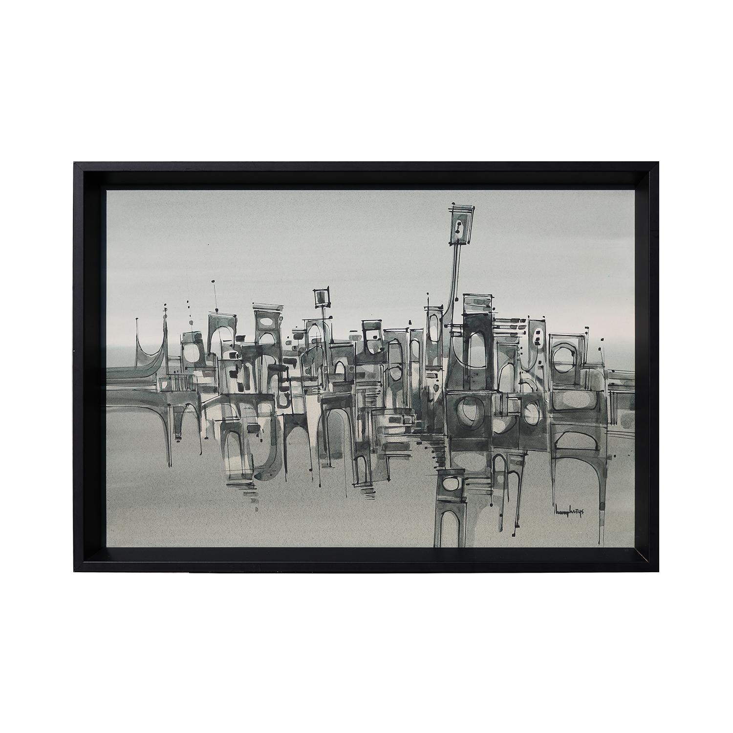 Modern Black, White, and Gray Monochromatic Abstract Geometric Cityscape - Art by Humphreys
