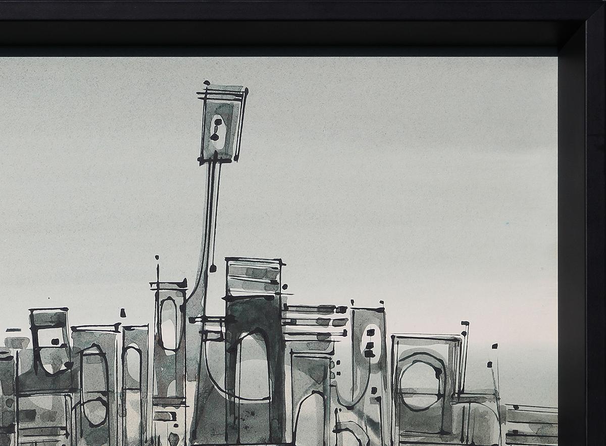 Modern black, white, and gray monochromatic abstract cityscape. The work features a gray toned row of buildings along the water's edge with a strong reflection. Signed in front lower right corner. Currently hung in a solid black frame. 

Dimensions