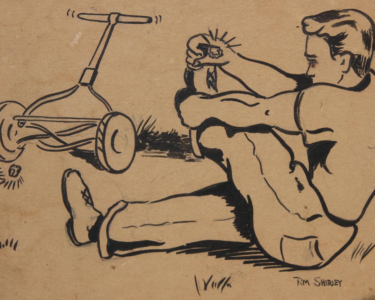 Dark humor figurative ink drawing of a male figure and a push mower signed 
