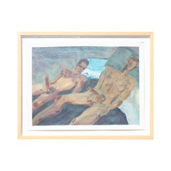 "Boys on Blue Bed II" Dark Blue Toned Sensual Homoerotic Figurative Watercolor