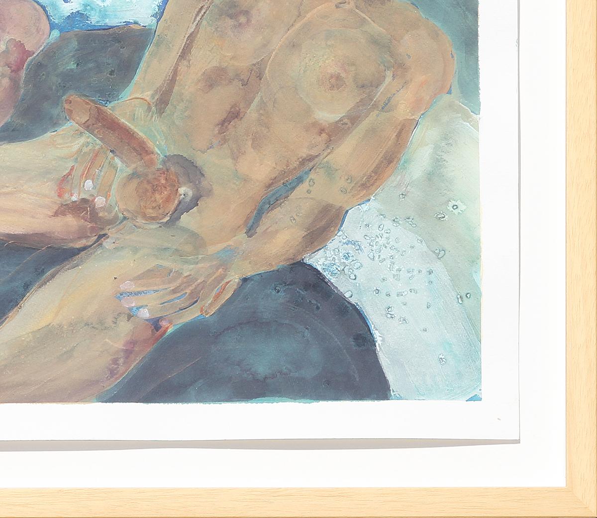 Dark blue toned homoerotic figurative watercolor painting by contemporary Houston, Texas artist Steve Louis. The work features two nude men stretched out on a blue bed in an intimate, sensual position. Currently hung in a light wood floating frame.
