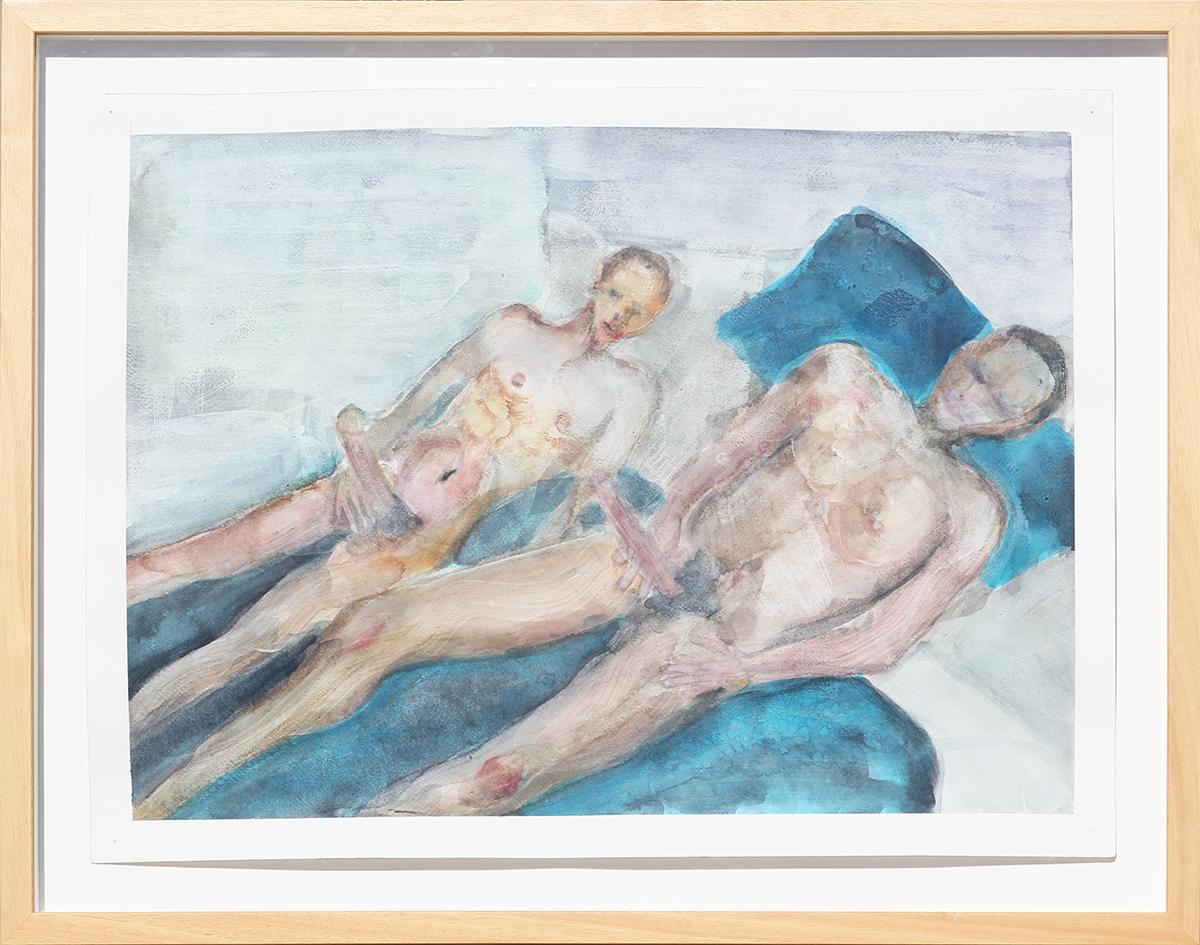 „Boys on Blue Bed I“ Hell getöntes, sinnliches, homoerotisches, figuratives Aquarell in Blau  – Art von Steve Louis