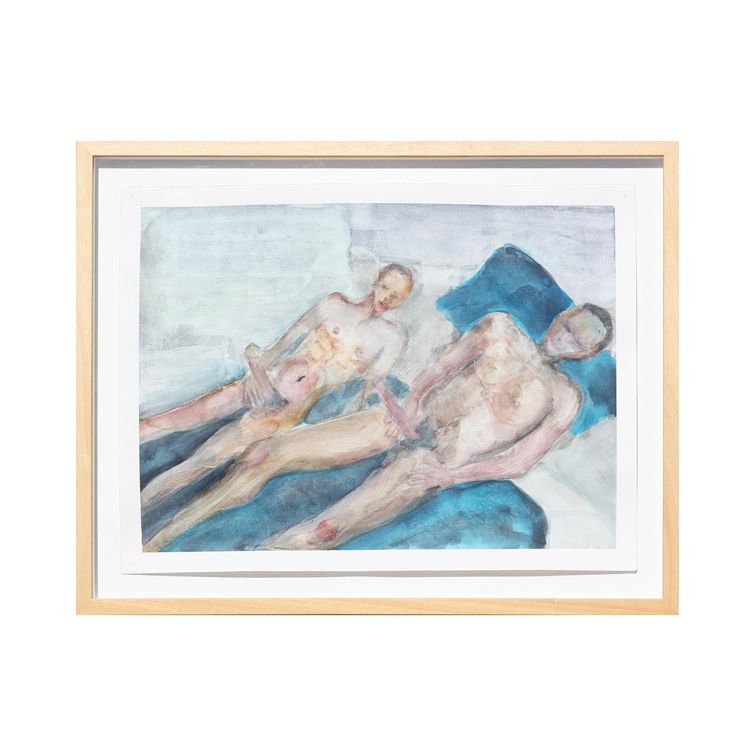 „Boys on Blue Bed I“ Hell getöntes, sinnliches, homoerotisches, figuratives Aquarell in Blau  (Zeitgenössisch), Art, von Steve Louis
