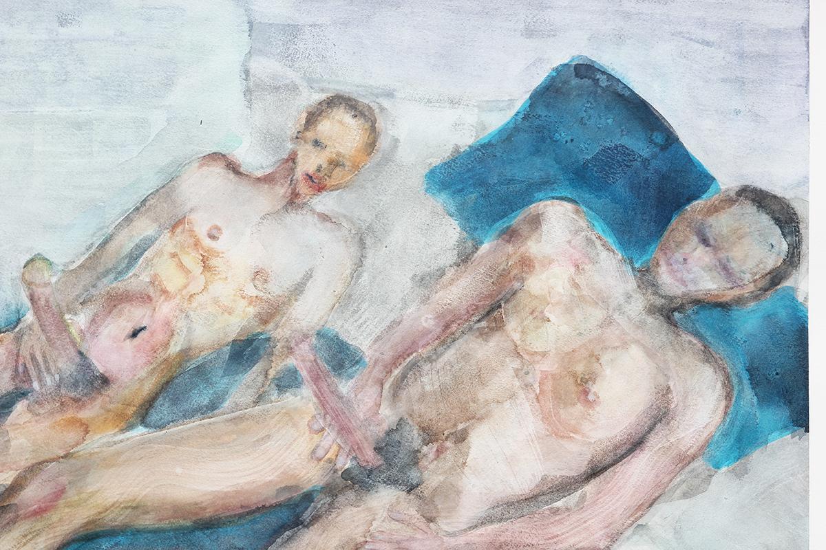„Boys on Blue Bed I“ Hell getöntes, sinnliches, homoerotisches, figuratives Aquarell in Blau  im Angebot 6