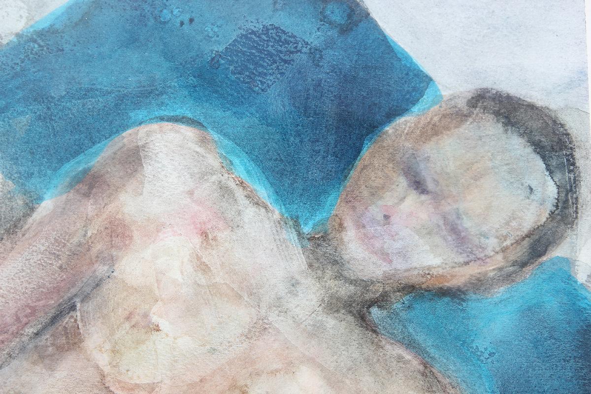 Light blue toned homoerotic figurative watercolor painting by contemporary Houston, Texas artist Steve Louis. The work features two nude men stretched out on a blue bed in an intimate, sensual position. Currently hung in a light wood floating frame.