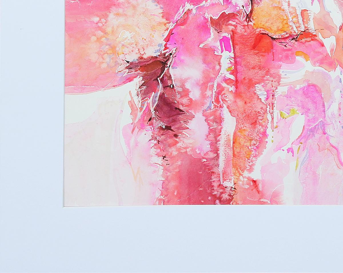 Neonrosa und weißes modernes abstraktes Mixed-Media-Gemälde der texanischen Künstlerin Carole Myers. Das Werk zeigt ausdrucksstarke Striche in Orange, die durch leuchtende Spritzer in Neonpink akzentuiert werden. Das Stück ist in der rechten unteren