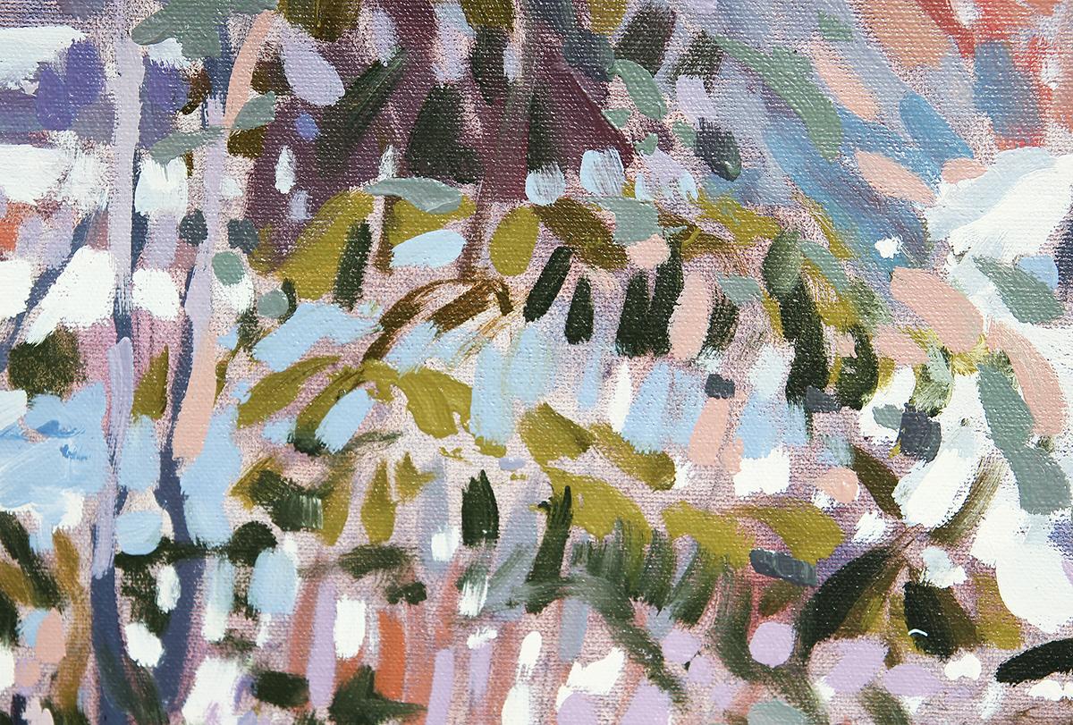 Abstract impressionist landscape by Sargentville, MA artist, Robert W. Starkey. This painting features a morning/afternoon winter scene in Philadelphia with soft pastel tones of pink, lavender, and blue, accentuating the bold impressionist strokes