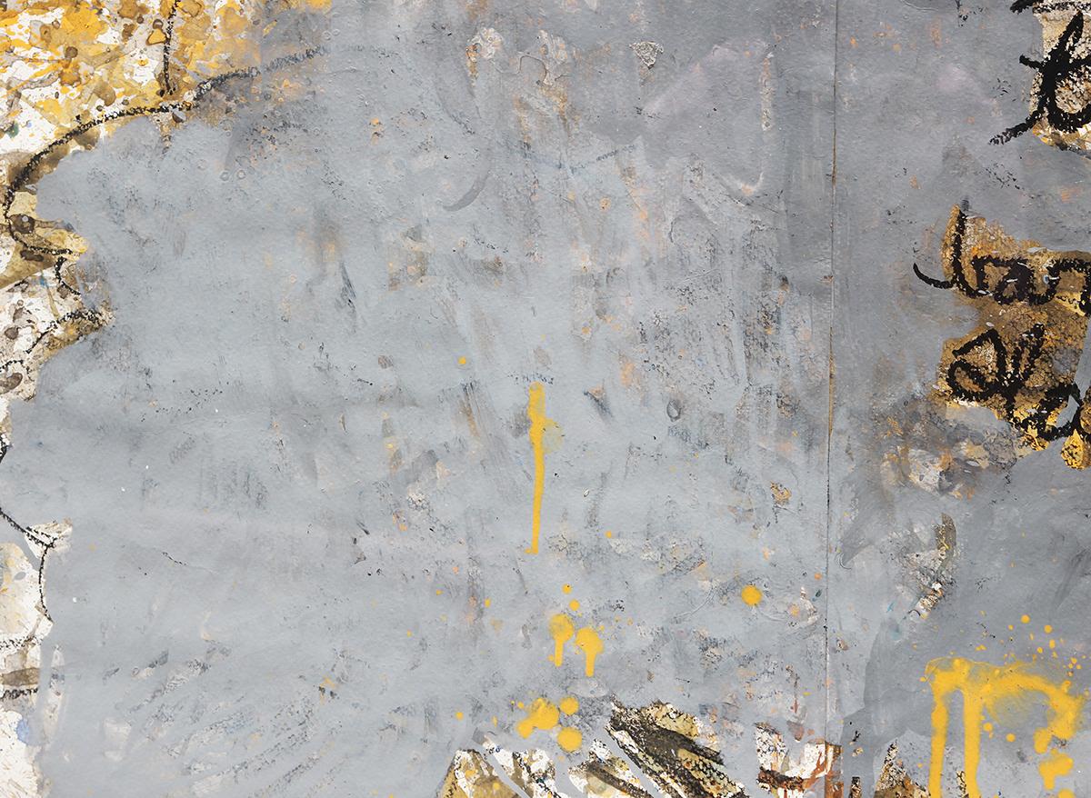 Peinture abstraite contemporaine de paysage marin abstrait, bleu, gris et jaune  en vente 1