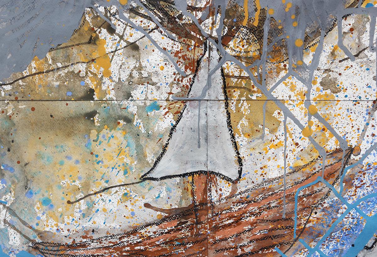 Abstraktes zeitgenössisches blaues, graues und gelbes abstraktes Meereslandschaftsgemälde  (Grau), Abstract Drawing, von J. Paul Jackson