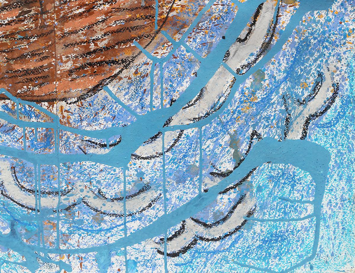 Peinture abstraite bleue, grise et jaune de l'artiste Jonathan Paul Jackson de Houston, Texas. L'œuvre représente un bateau naviguant sur l'océan avec un nuage gris et turbulent au-dessus de la tête. La phrase 