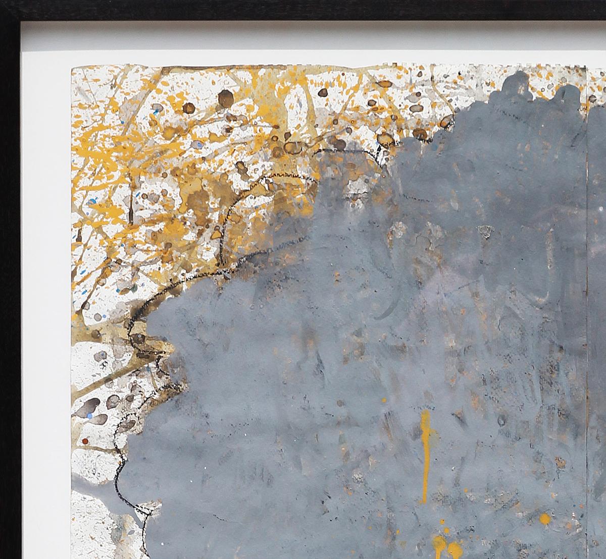 Peinture abstraite contemporaine de paysage marin abstrait, bleu, gris et jaune  en vente 2