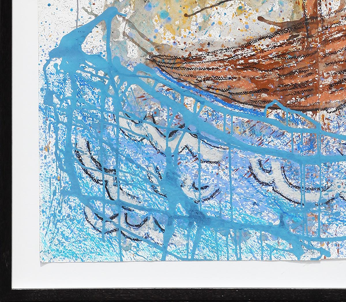 Peinture abstraite contemporaine de paysage marin abstrait, bleu, gris et jaune  en vente 4