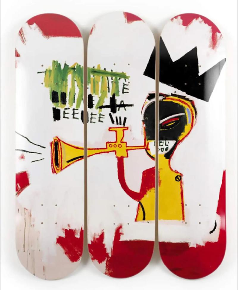 The Skateroom x Estate of Jean-Michel Basquiat, Trumpet, 2014
Serigrafie a colori su tre skate deck individuali in legno d'acero
Con firma stampata dell'artista sul verso
31 x 8 pollici (78,7 x 20,3 cm), ciascuno, senza cornice
Edizione aperta 
