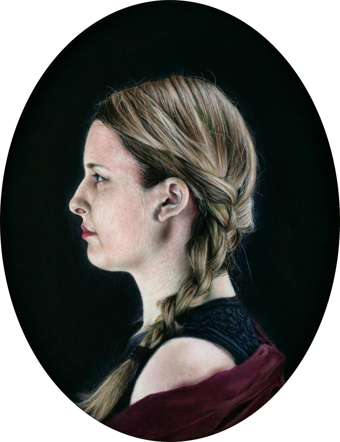 Joanne in Profile - Photorealist Oil Painting on Oval Panel of Woman in Profile