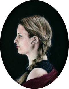 Joanne in Profile - Photorealist Oil Painting on Oval Panel of Woman in Profile