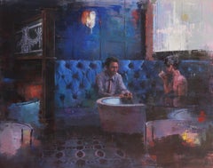 Blue Bar - Interior Restaurant Scene with Male & Female Figures, Acrylic