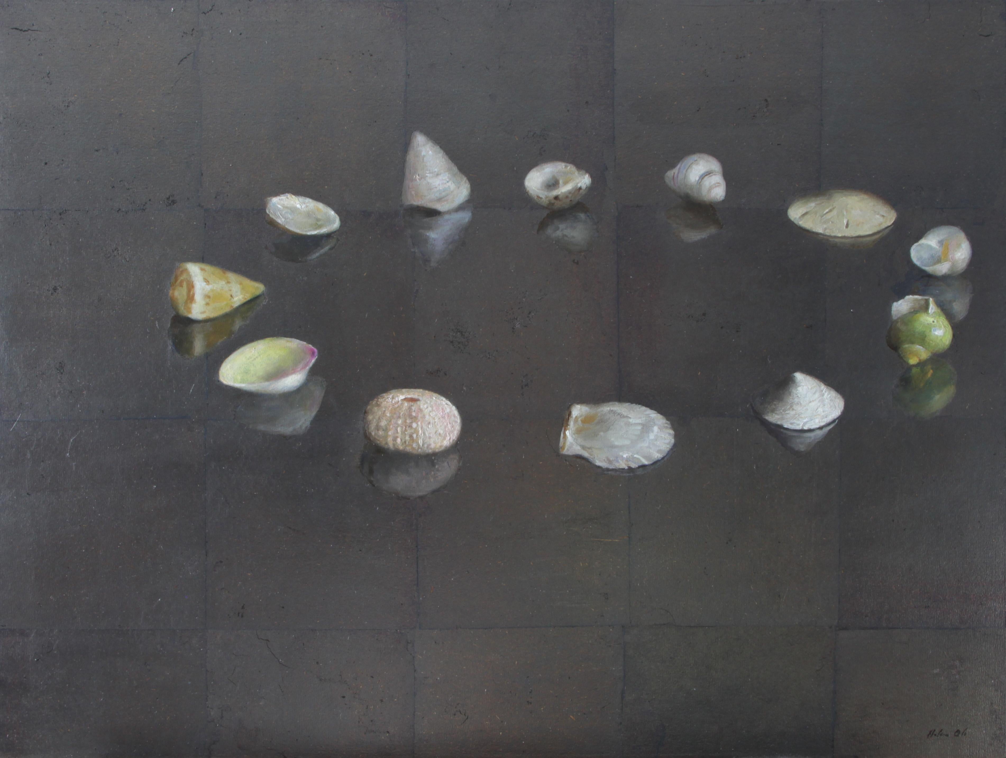 Helen Oh Animal Painting - Circle of Shells - Original Oil Painting on Silver Leaf, Sea Shell Arrangement