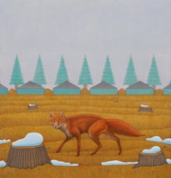 Scout - Painting of a Fox Hunting in a Sparse Landscape, Oil on Panel